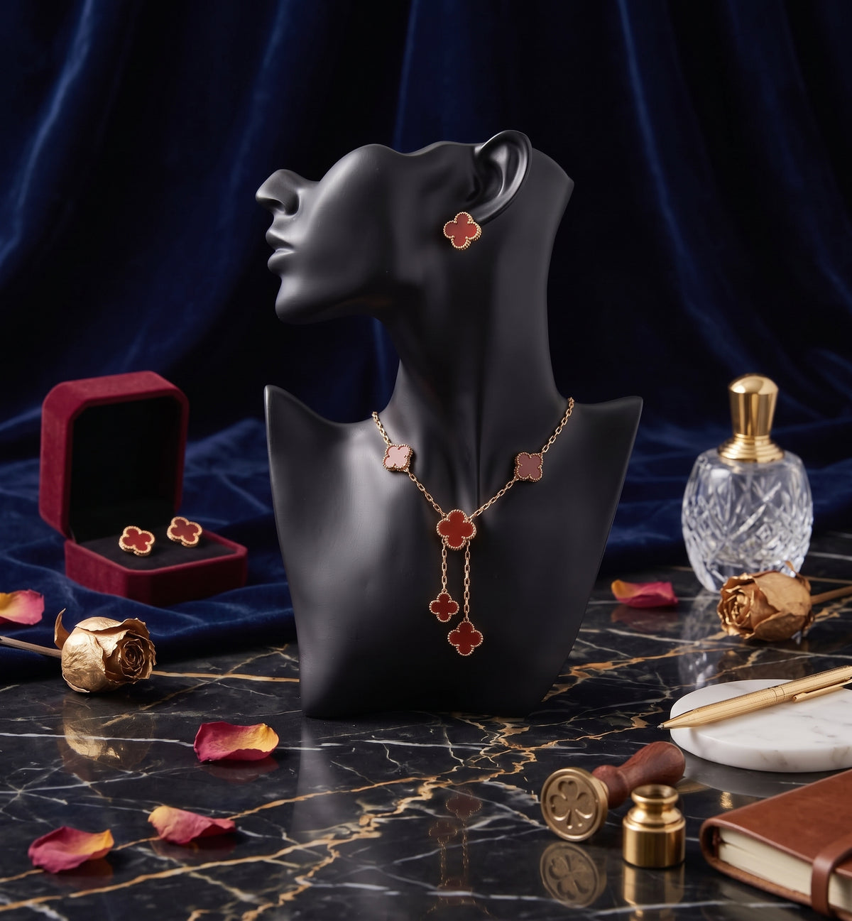 ✨Set de Collar y Aretes Trébol Carmín ✨
